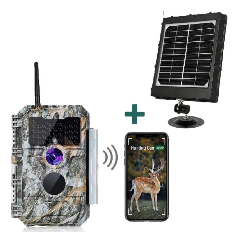 Bundle Wildkamera Wildtierkamer Jagdkamera Wlan 64MP 1296P 0,1s Auslöserzeit Nachtsicht Bewegungsmelder 110°PIR und Solarpanel-Kits 8000mAh 12V/9V/6V | W600 Tannenasch