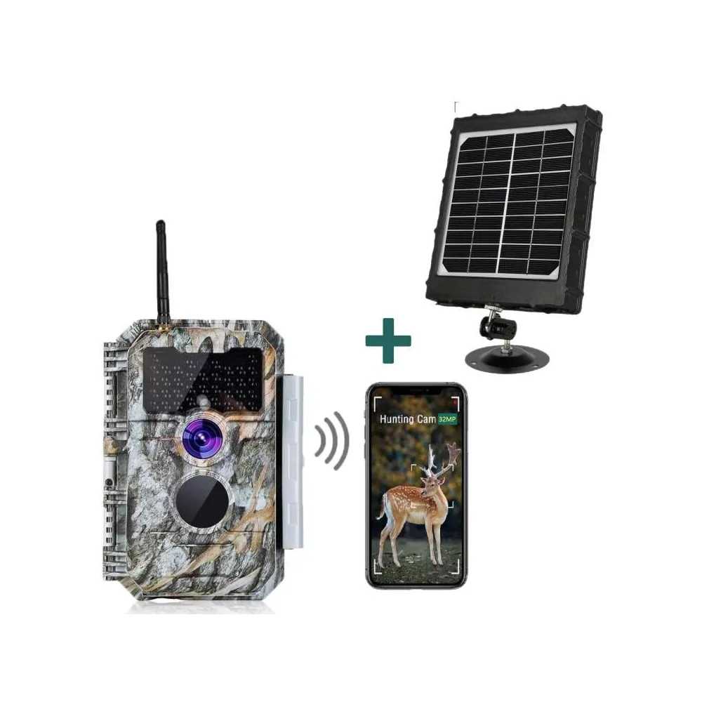 Bundle Wildkamera Wildtierkamer Jagdkamera Wlan 64MP 1296P 0,1s Auslöserzeit Nachtsicht Bewegungsmelder 110°PIR und Solarpanel-Kits 8000mAh 12V/9V/6V | W600 Tannenasch