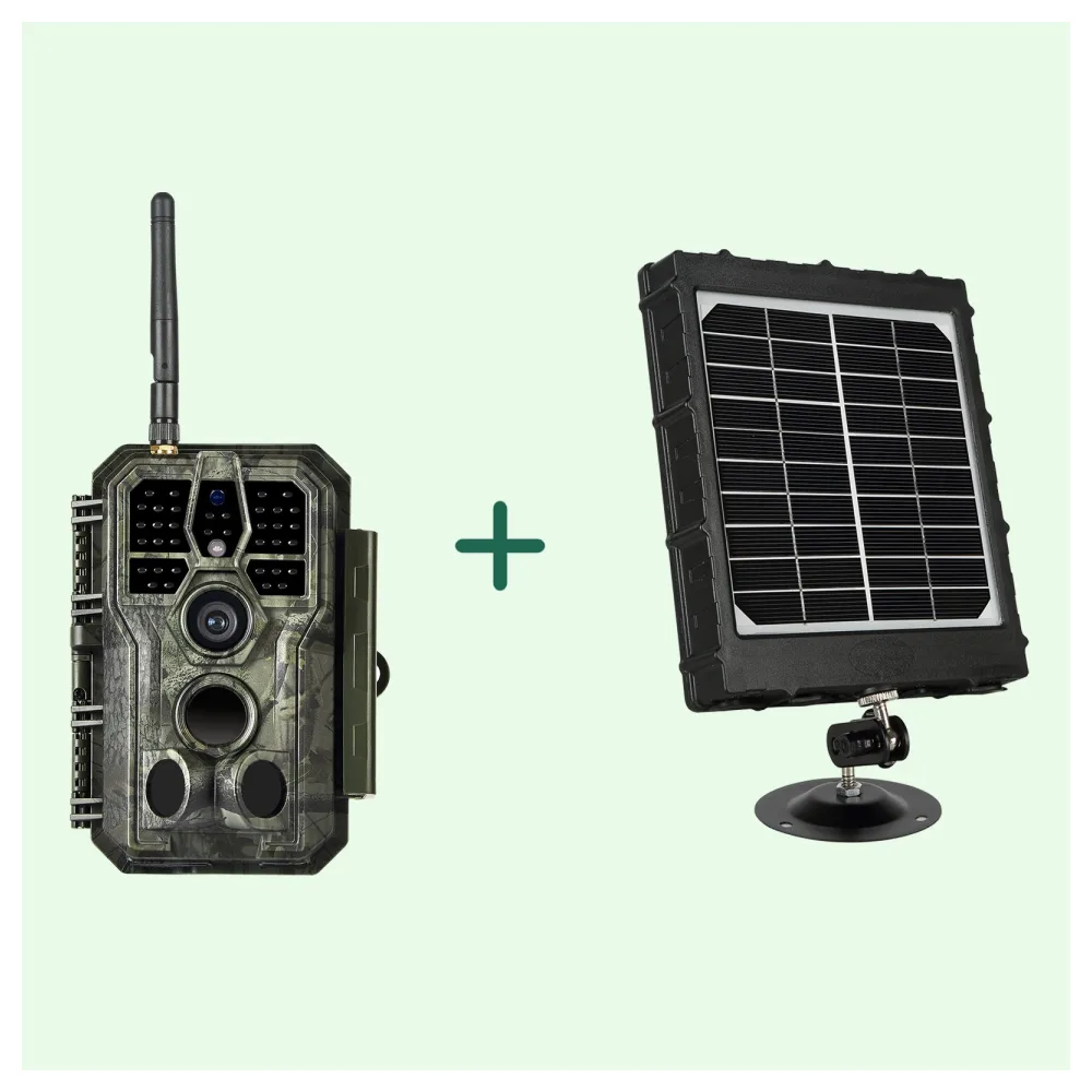 Bundle Wildkamera Wildtierkamera Jagdkamera Wlan 64MP 1296P 0,1s Auslöserzeit Bewegungsmelder 120°PIR und Solarpanel-Kits 8000mAh 12V/9V/6V | A280W Mattes Militärgrün