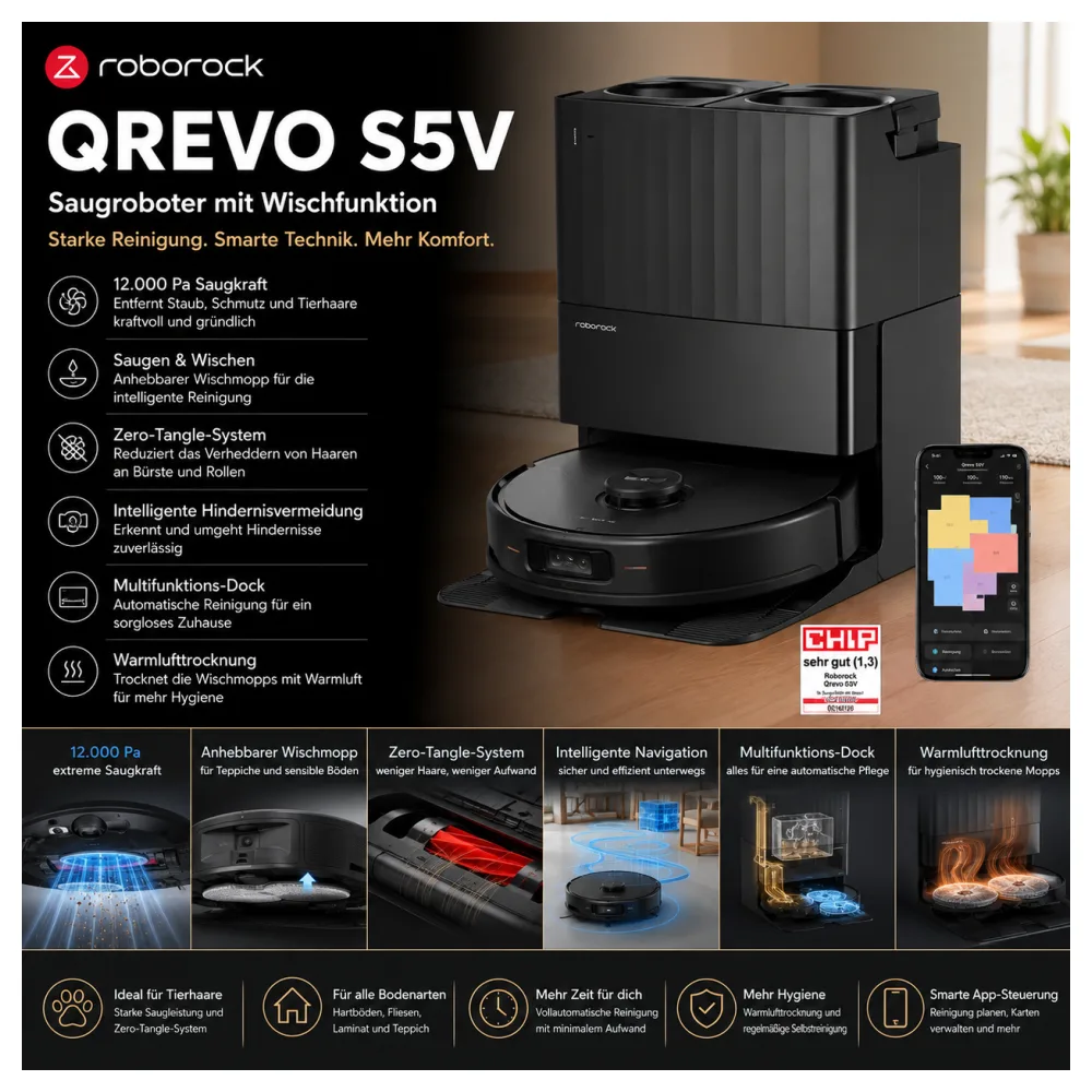 Roborock Qrevo S5V Saugroboter mit Wischfunktion – 12.000 Pa