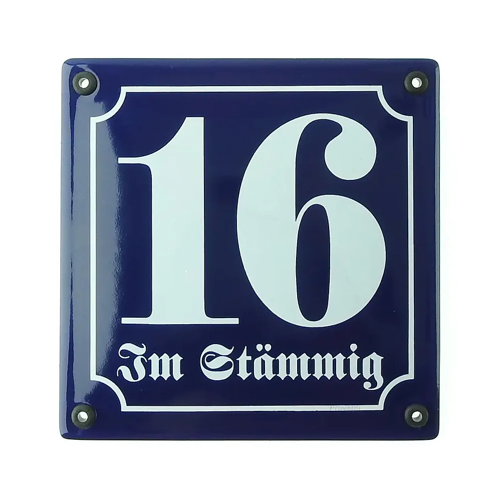 Emaille Hausnummer mit Straßenname 14,8 x 14,8 cm | blau/weiß