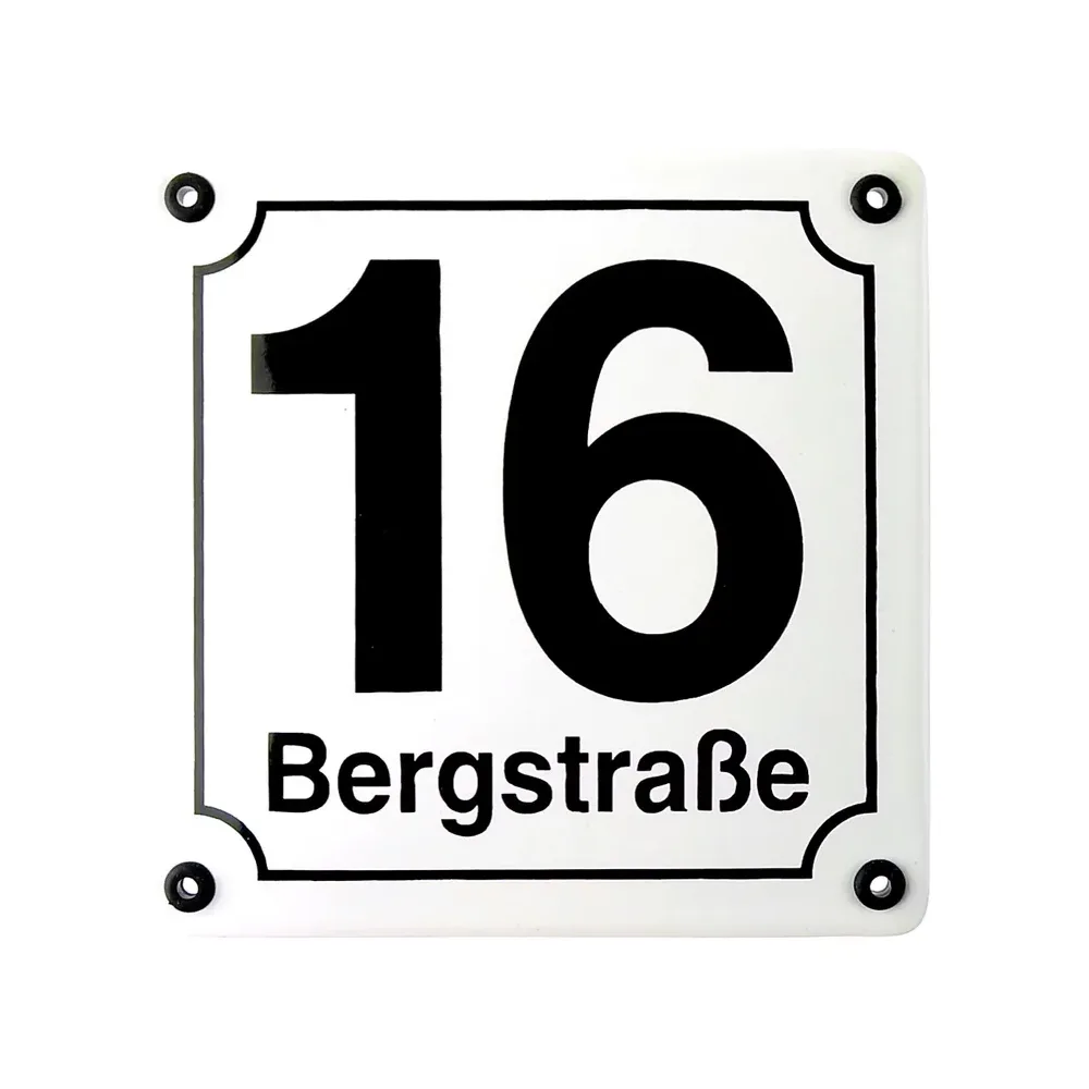 weiße Emaille Hausnummer mit Straßenname 14,8 x 14,8 cm | weiß/schwarz