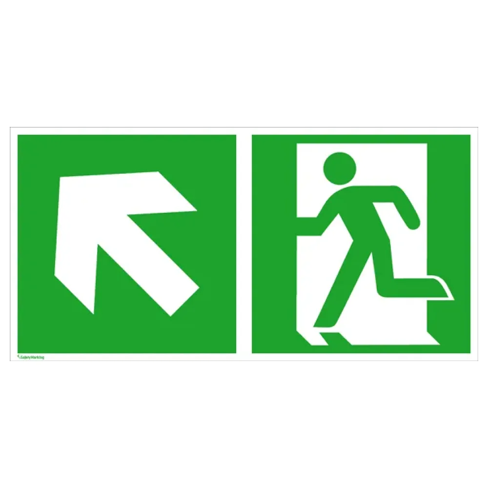 Fluchtweg-Kombischild »Notausgang links mit Zusatzzeichen: Richtungsangabe links aufwärts«