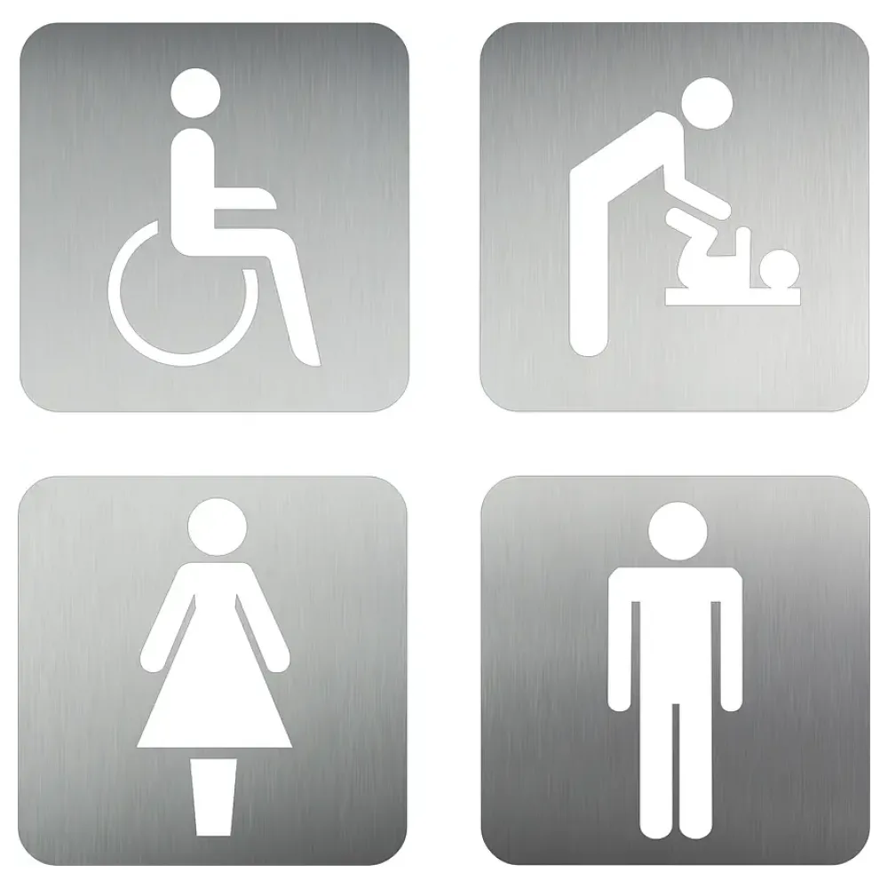 Edelstahl Türschild Piktogramme | WC Damen | WC Herren | Behinderten-WC | Wickelraum | Dusche | Treppe | Speiseraum | Erste Hilfe | Rauchverbot | Raucherzone | Müll