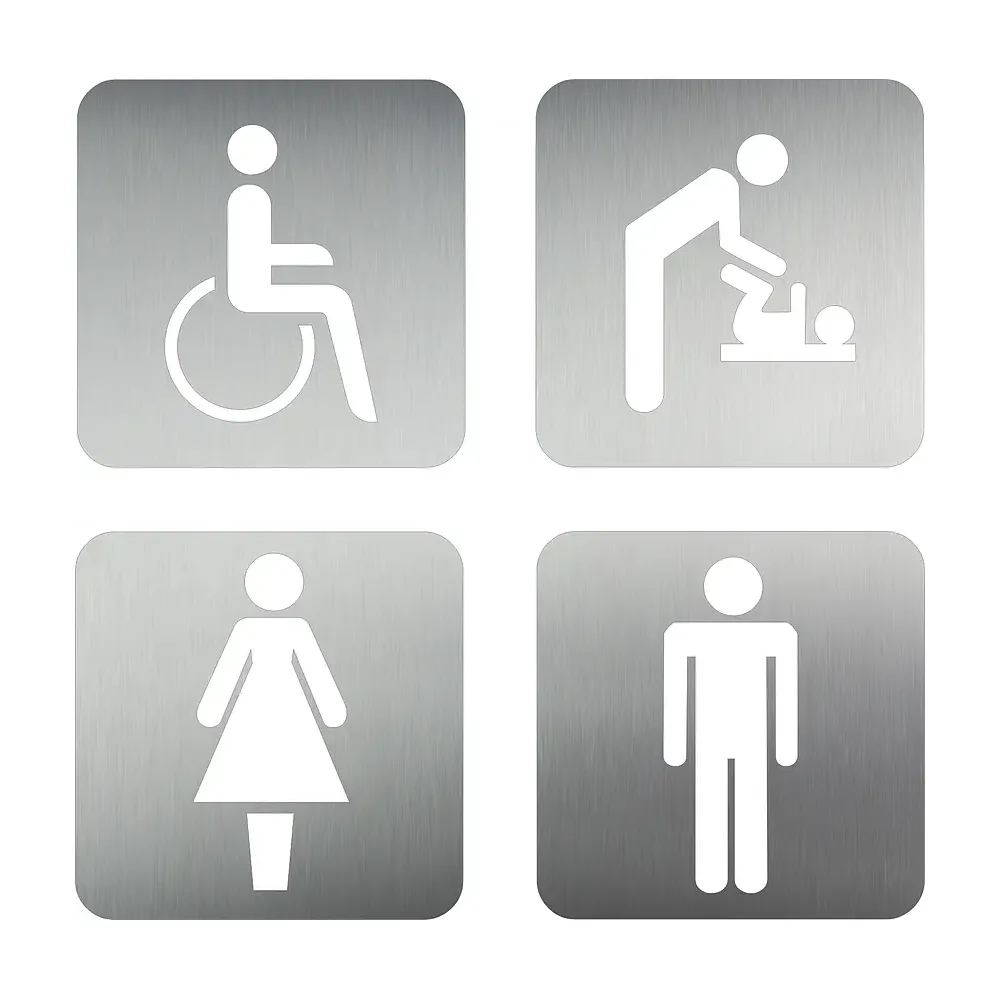 Edelstahl Türschild Piktogramme | WC Damen | WC Herren | Behinderten-WC | Wickelraum | Dusche | Treppe | Speiseraum | Erste Hilfe | Rauchverbot | Raucherzone | Müll