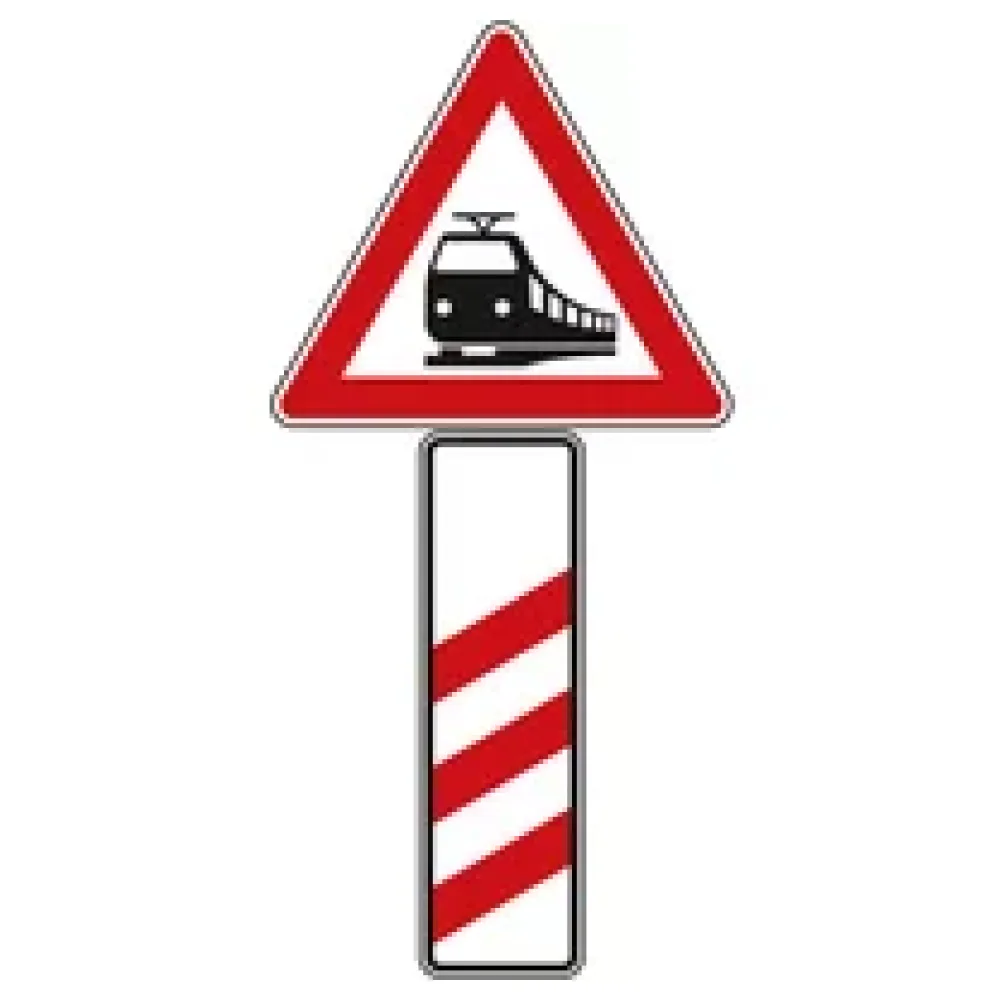 Verkehrszeichen StVO - Verkehrsschild Bahnübergang mit dreistreifiger Bake – Bild 2
