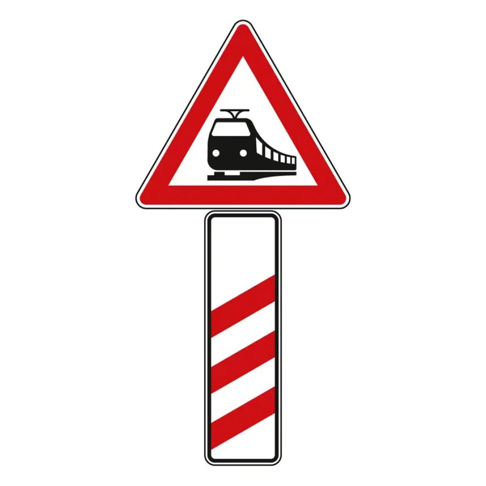 Verkehrszeichen StVO - Verkehrsschild Bahnübergang mit dreistreifiger Bake