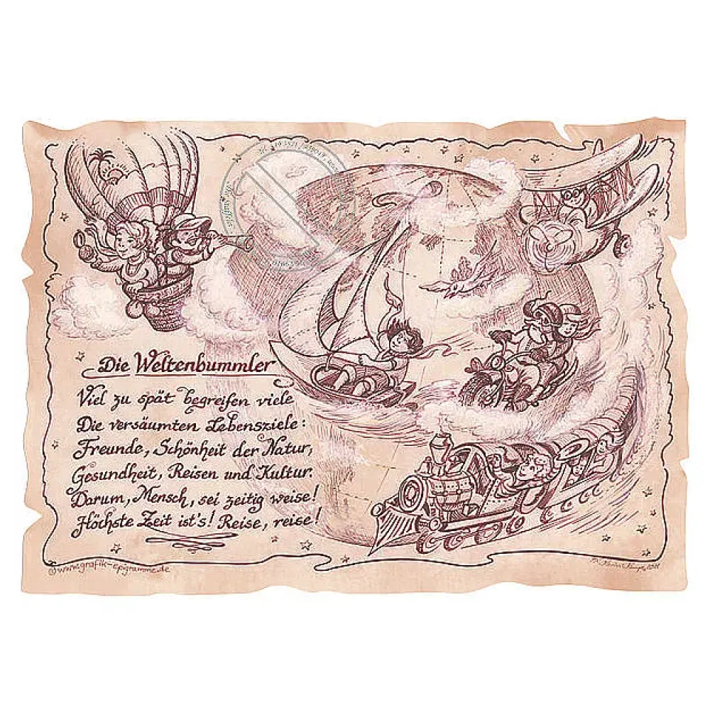 Kunstbild Weltenbummler auf Antikpapier im A4-Format