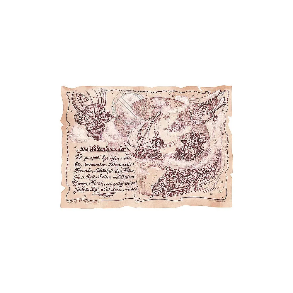 Kunstbild Weltenbummler auf Antikpapier im A4-Format