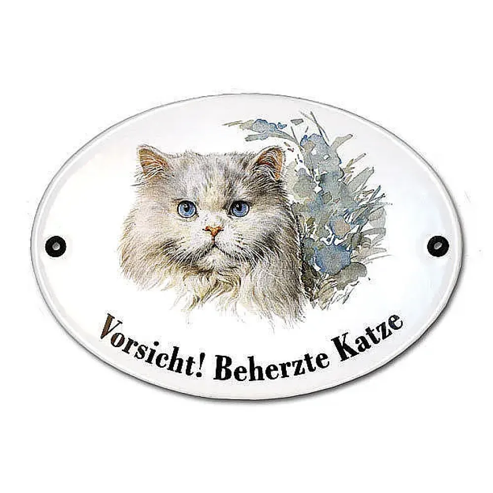 Katzenschild Vorsicht beherzte Katze aus Emaille 18,3 x 14,3 cm