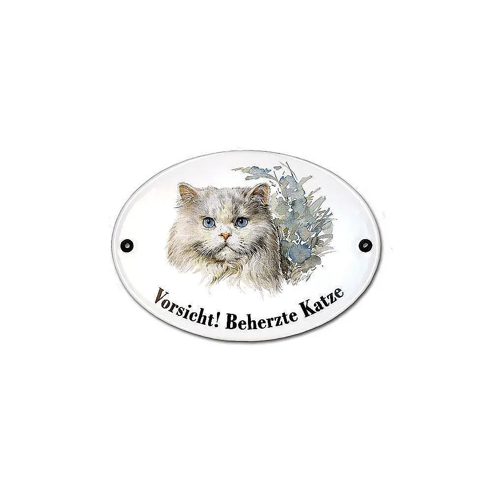 Katzenschild Vorsicht beherzte Katze aus Emaille 18,3 x 14,3 cm