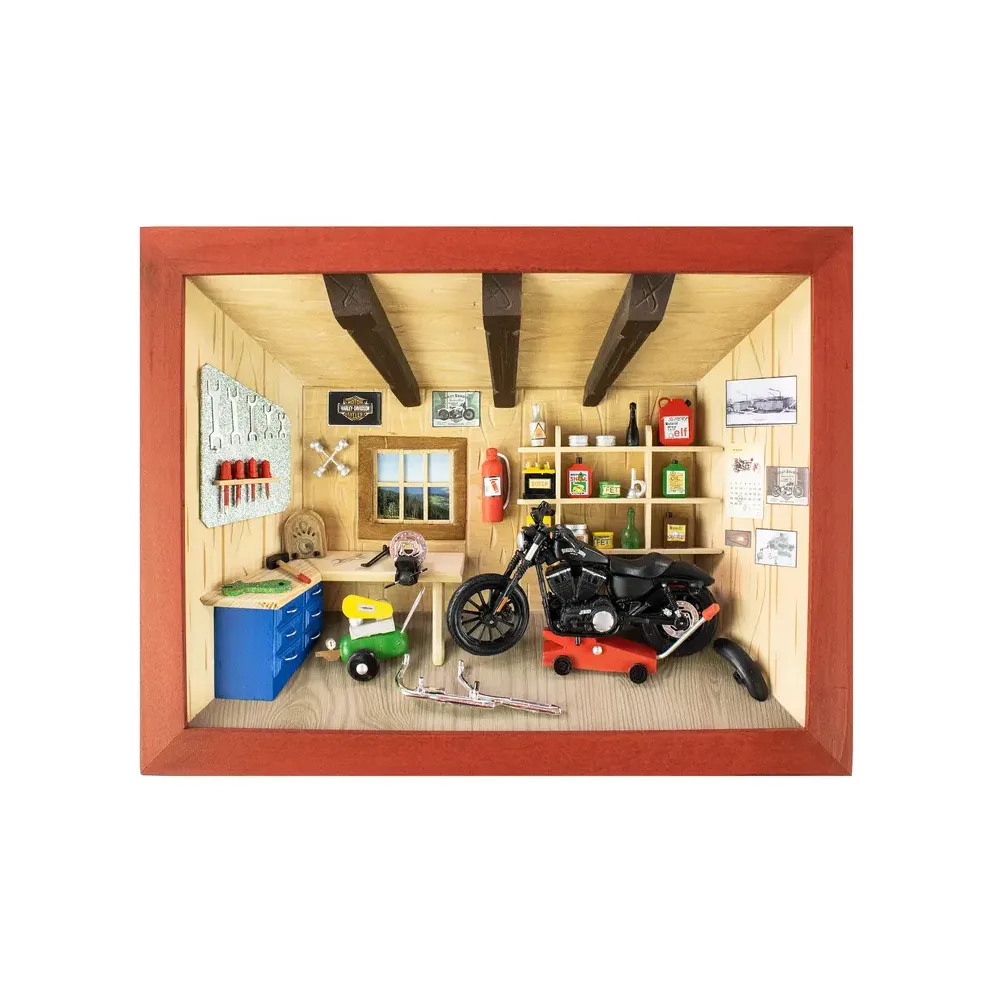 3D-Holzbild Motorradwerkstatt