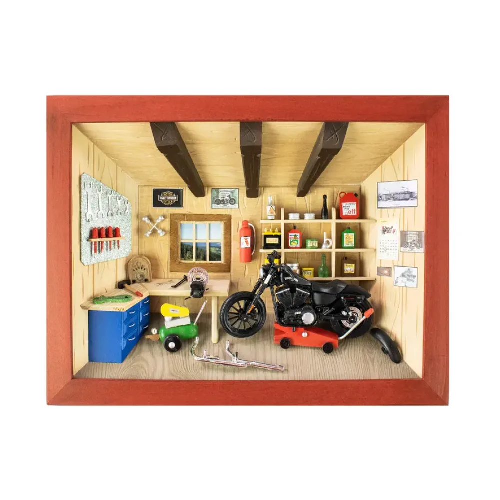 3D-Holzbild Motorradwerkstatt