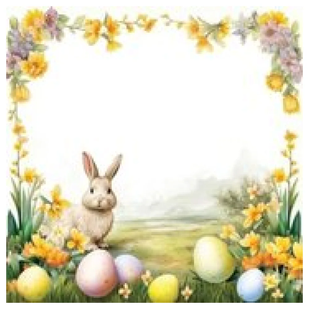 Osterservietten 3-lagig, 33 x 33 cm Motiv Hase mit Blumen und Ostereier, 20 Stk.