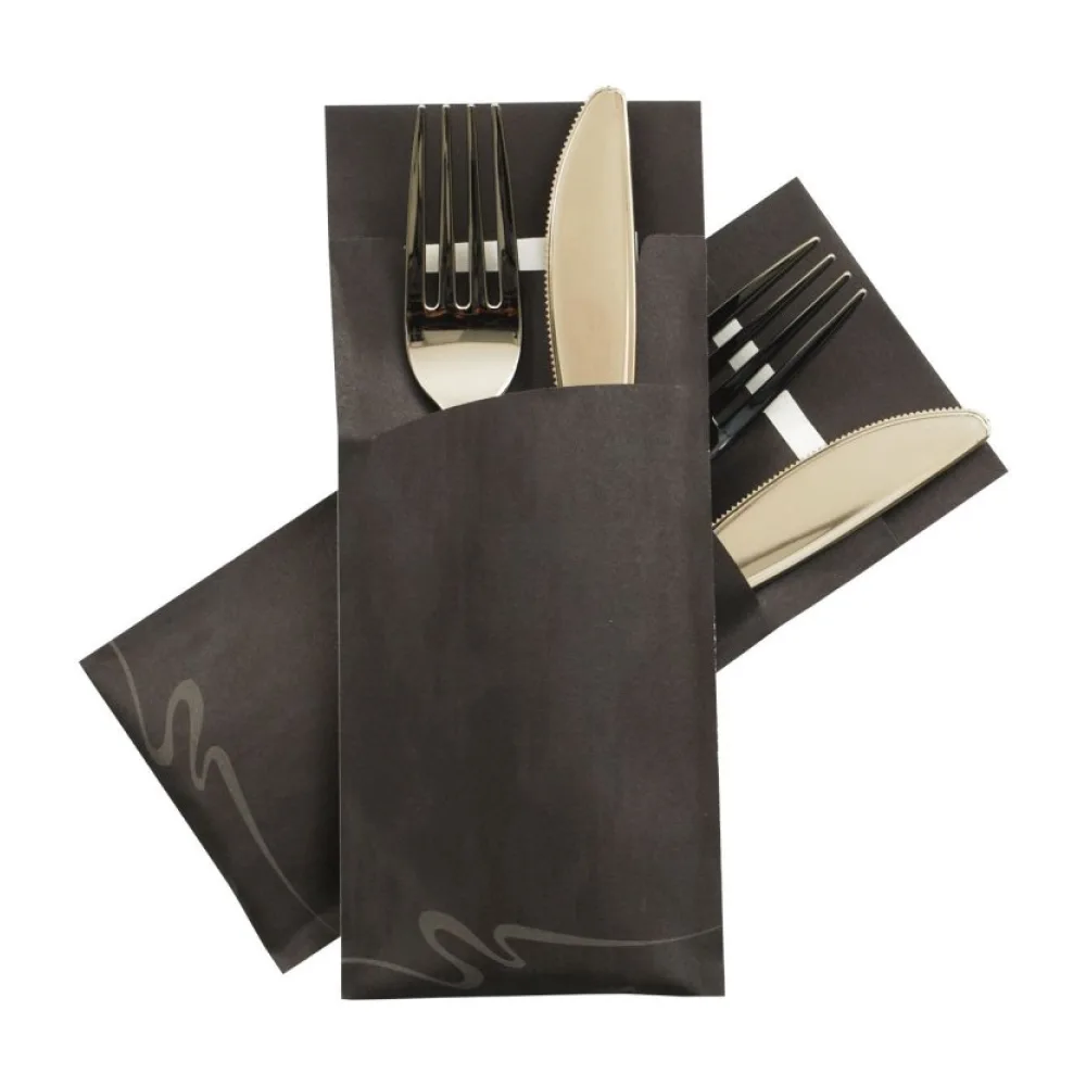 Pochetto Bestecktaschen 200x85mm marmor schwarz inkl. Serviette weiß, 520 Stk. – Bild 2