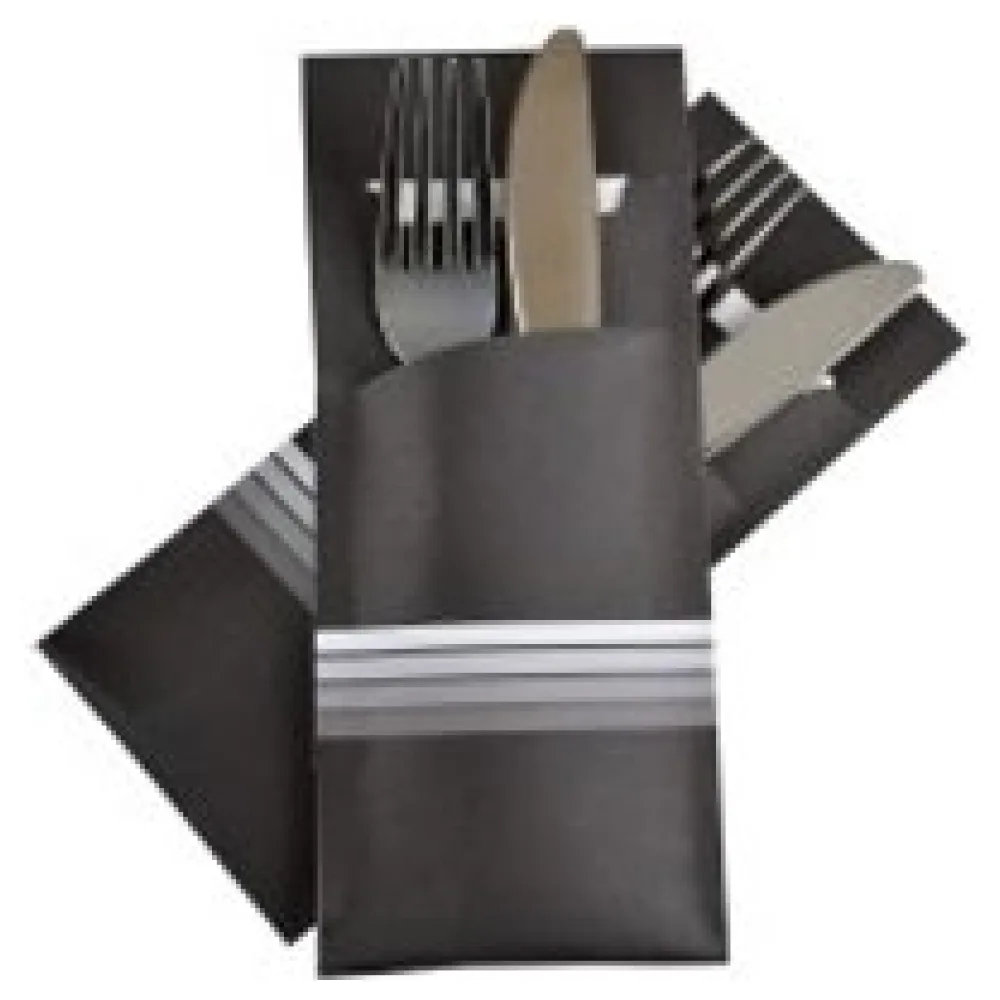 Pochetto Bestecktaschen 200x85mm schwarz weiße Streifen Serviette weiß, 520 Stk. – Bild 3