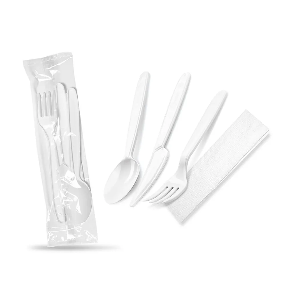 Bestecksets aus PP wiederverwendbar 125 Waschzyklen 4-teilig Gabel Messer Löffel Serviette hygienisch verpackt, 250 Sets – Bild 2