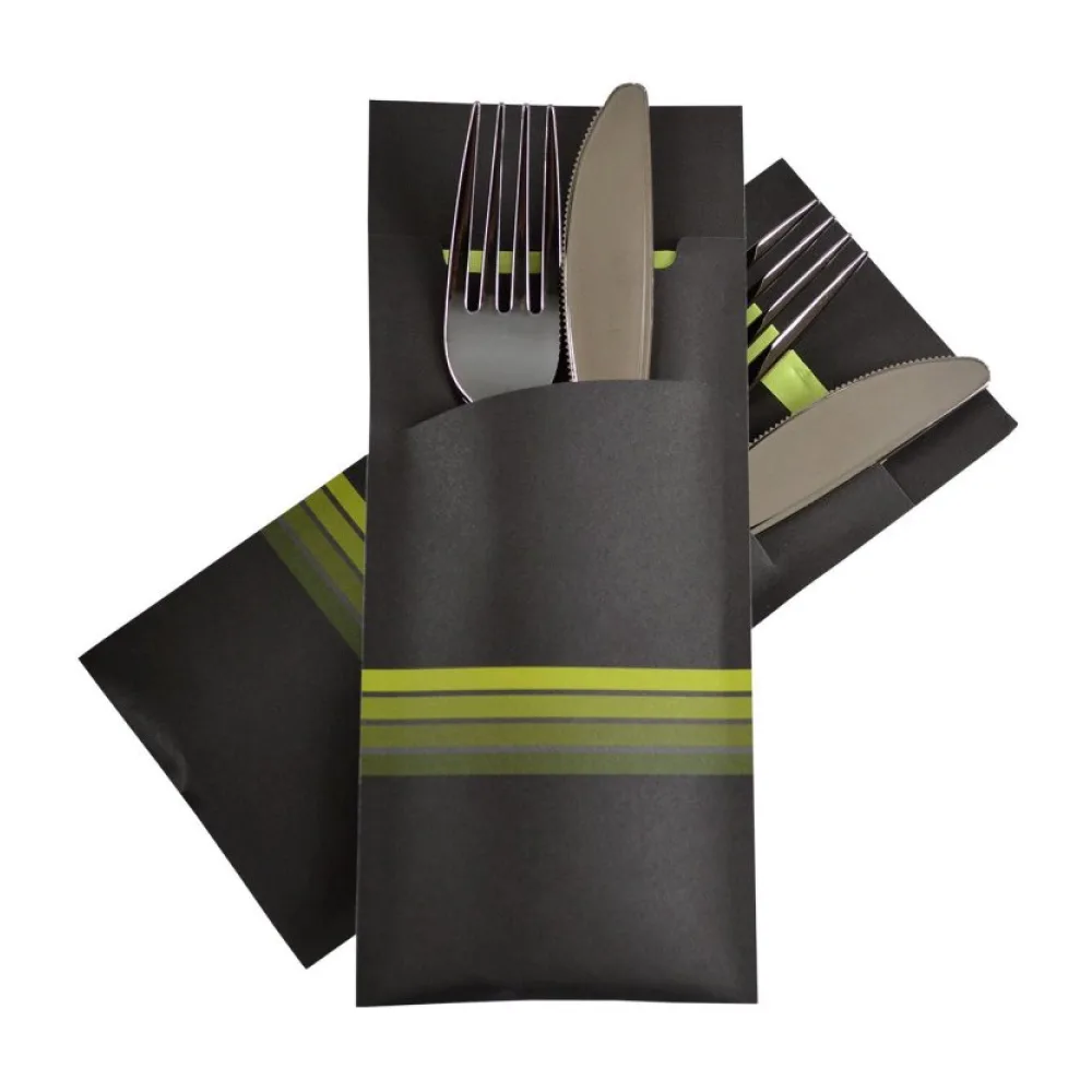 Pochetto Bestecktaschen 200x85mm schwarz limette Streifen Serviette, 50 Stk. – Bild 2