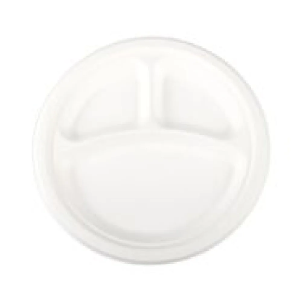 Teller 3-geteilt aus Bagasse, naturweiß, rund O26cm, 50Stk.