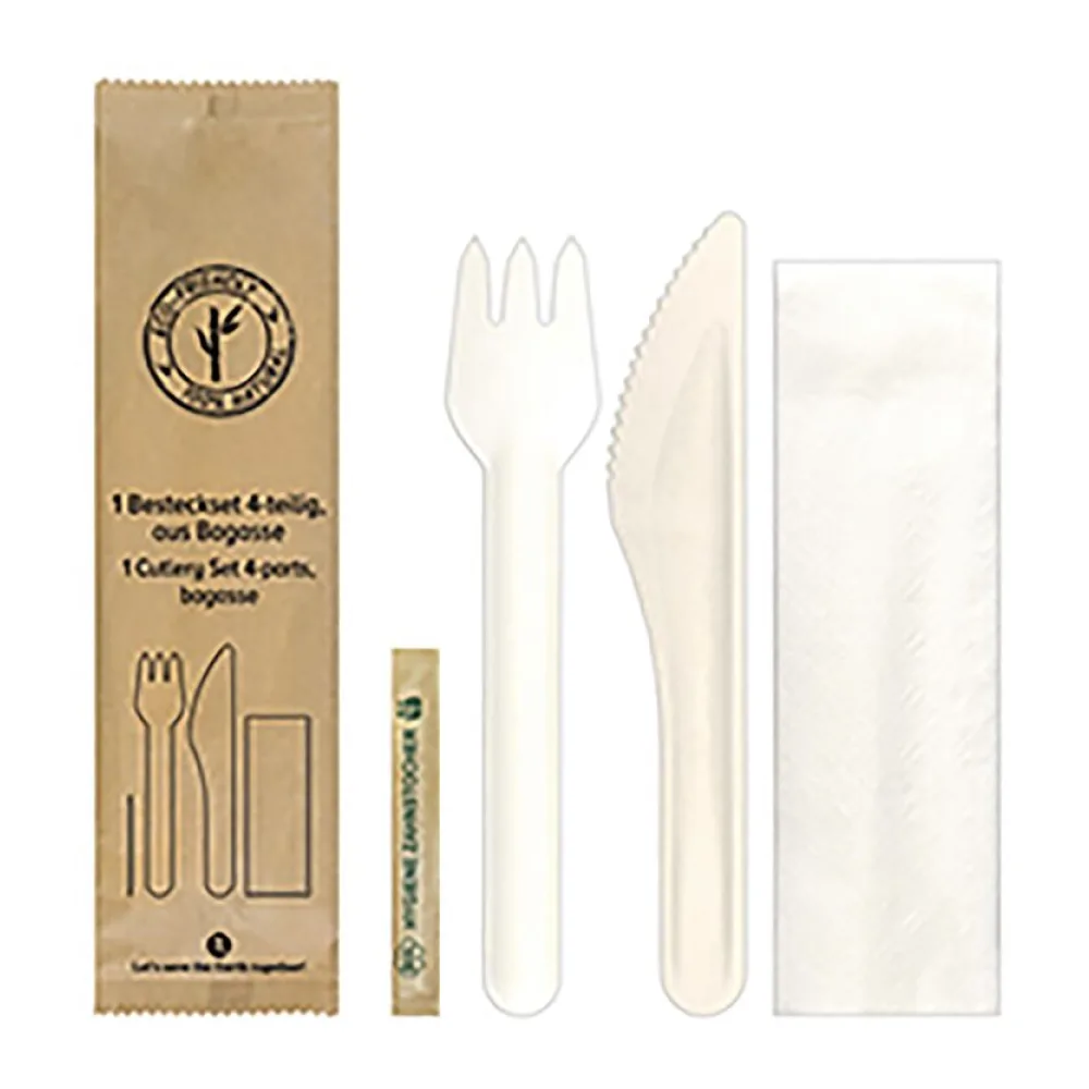 Bestecksets 4-teilig, aus Bagasse, naturweiß, 22cm, 25 Stk. – Bild 2
