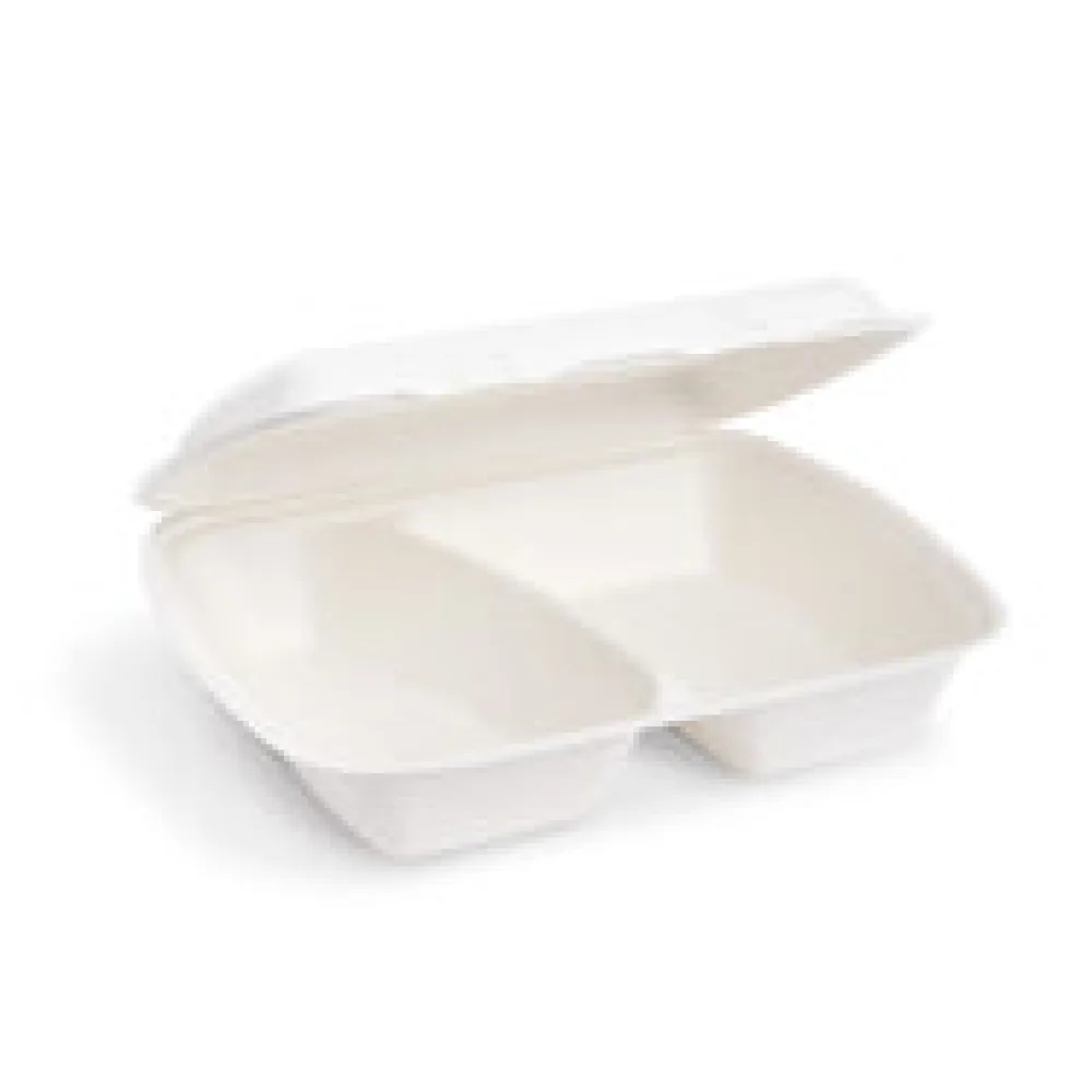 Bio Menüboxen Lunch-Boxen 2-geteilt aus Zuckerrohr Bagasse 1000ml 241x202x70mm, 50 Stk.