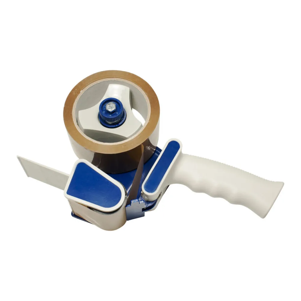 Handabroller weiß und blau mit Andrucklasche und Rollenbremse für 66m x 50mm Packband – Bild 2