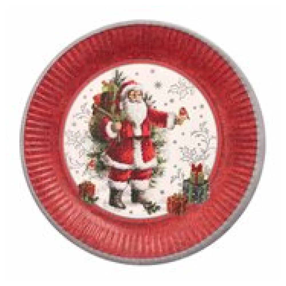 Pappteller rund O 23 cm mit Motiv "Santa & Geschenke" bordeaux/rot, 10 Stk.