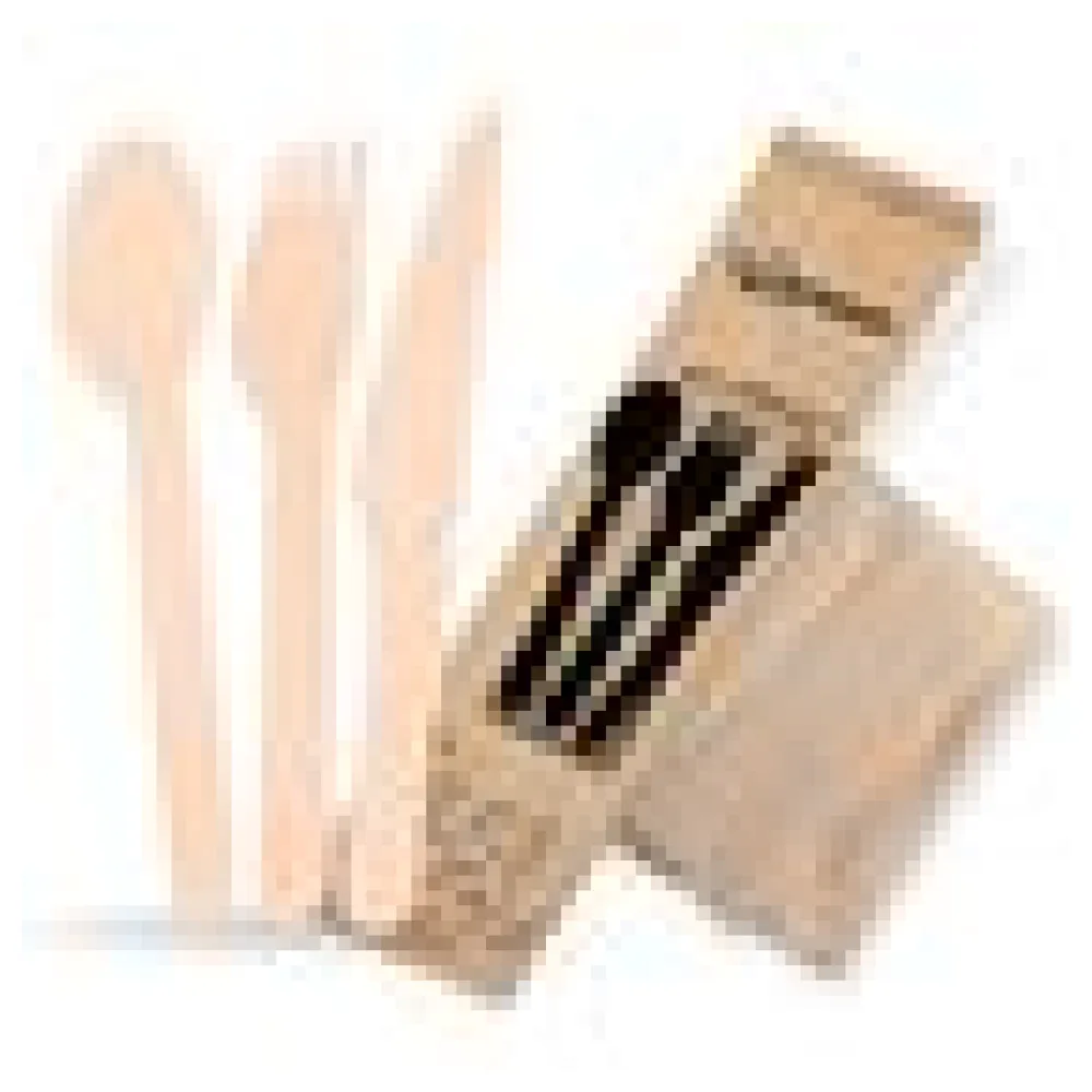 Bestecksets aus Holz biologisch abbaubar 4-teilig Gabel Messer Löffel Serviette hygienisch verpackt, 50 Sets – Bild 4