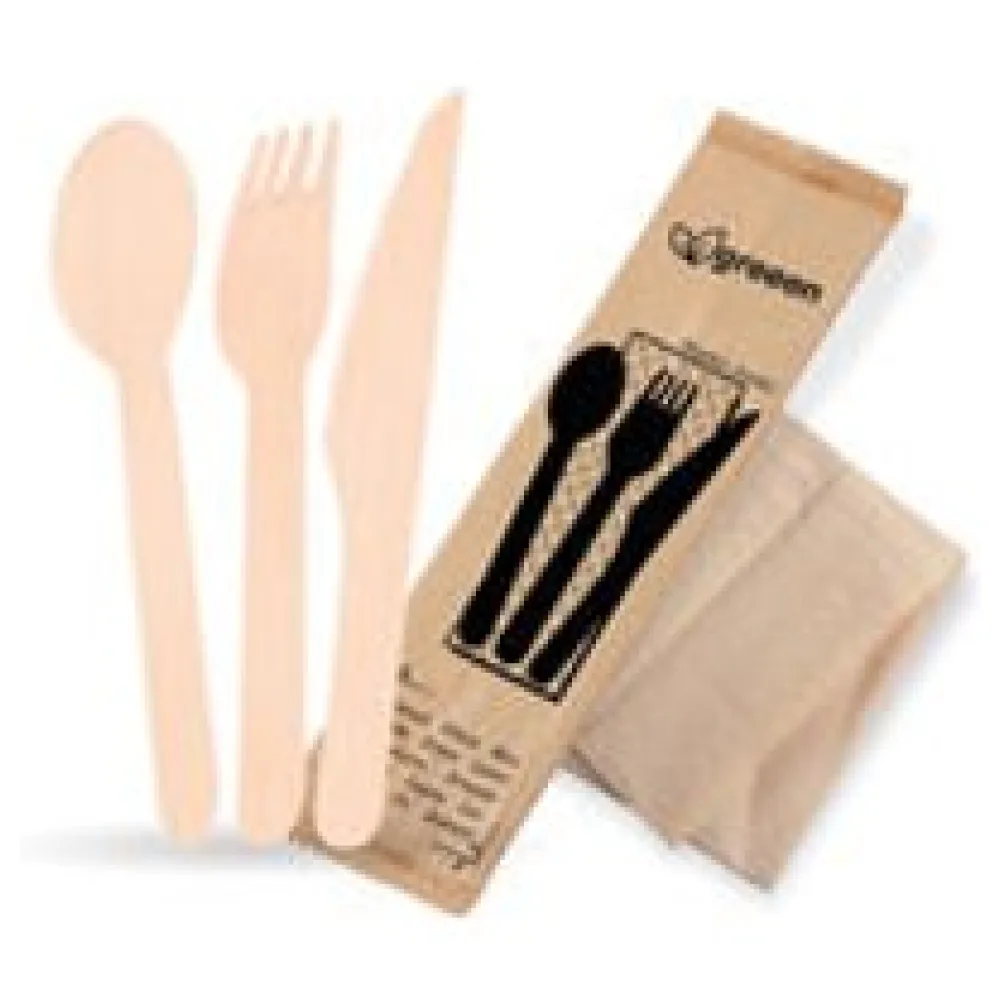 Bestecksets aus Holz biologisch abbaubar 4-teilig Gabel Messer Löffel Serviette hygienisch verpackt, 50 Sets – Bild 3
