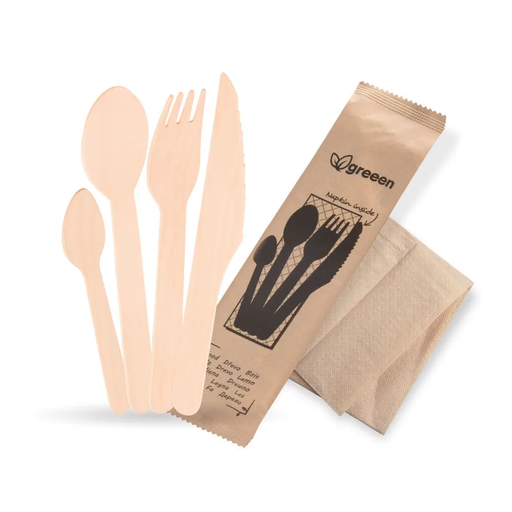 Bestecksets aus Holz biologisch abbaubar 5-teilig Gabel Messer Löffel Kaffeelöffel Serviette hygienisch verpackt, 50 Sets – Bild 2