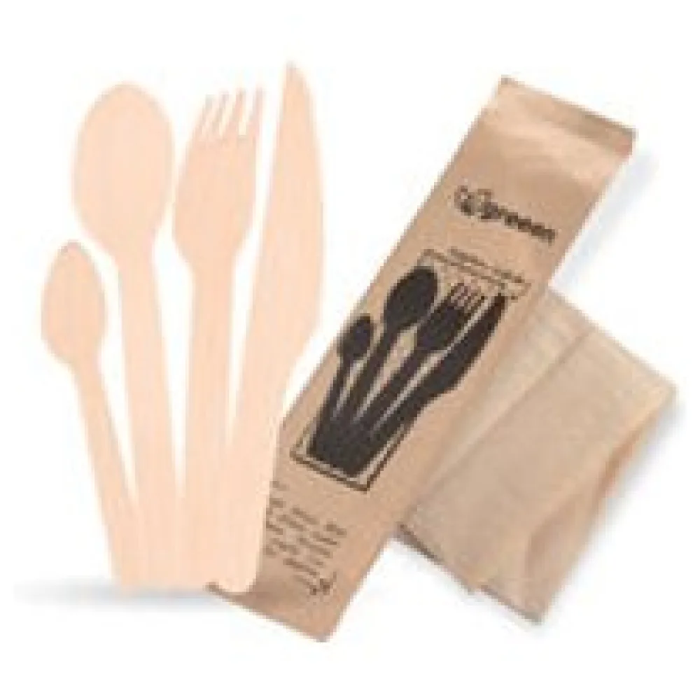 Bestecksets aus Holz biologisch abbaubar 5-teilig Gabel Messer Löffel Kaffeelöffel Serviette hygienisch verpackt, 50 Sets – Bild 3