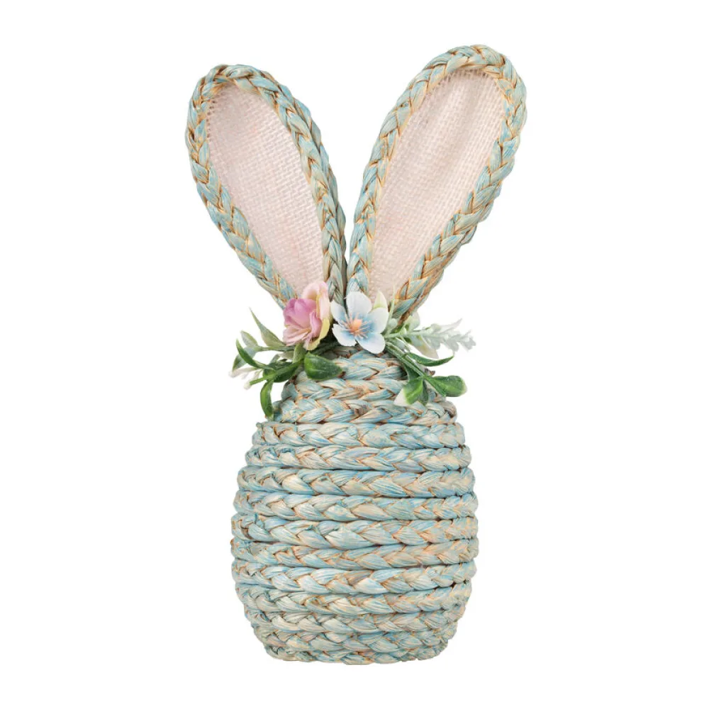 Osterhase aus Maisstroh mit Blumen, Osterdeko 25 cm blau – Bild 2