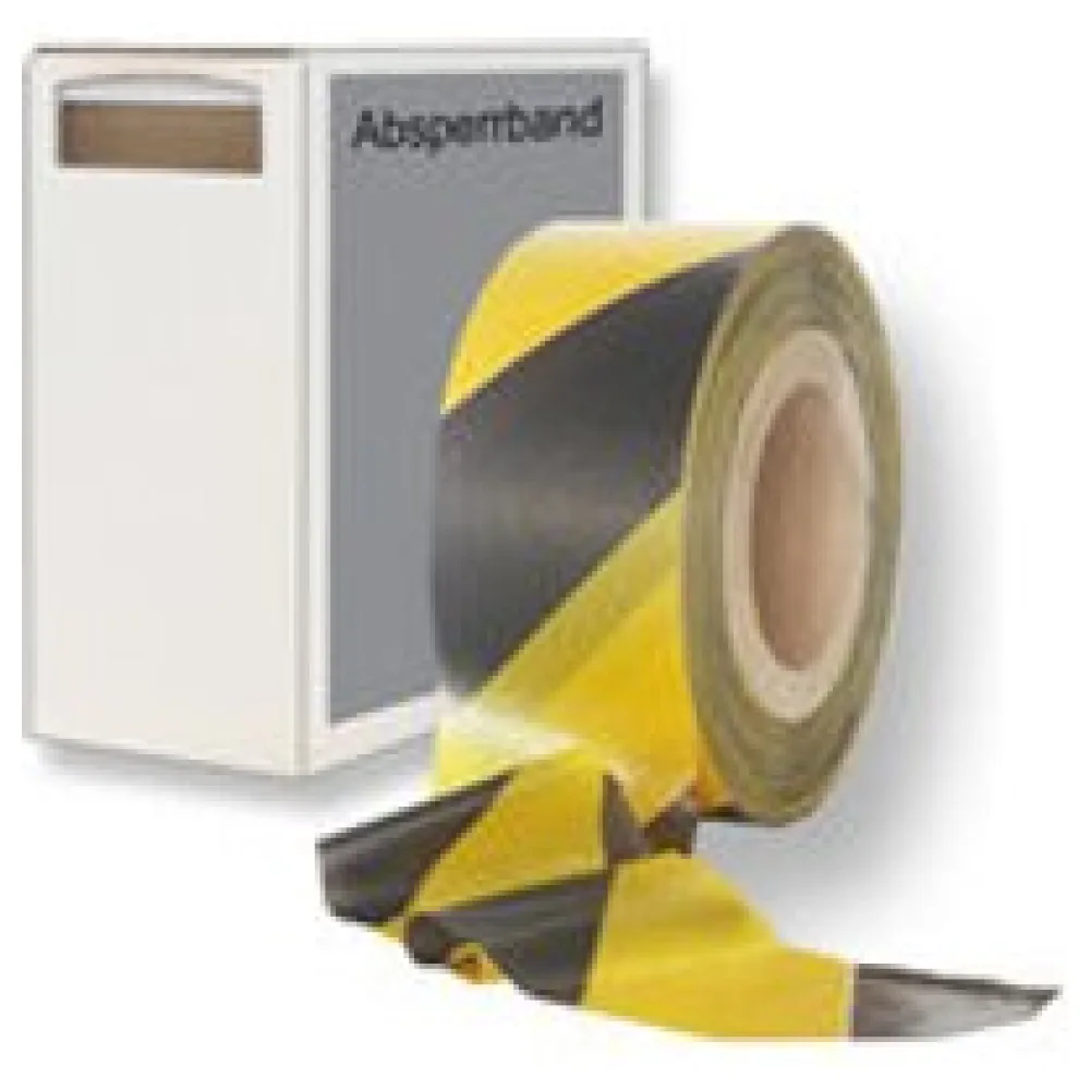 Absperrband gelb schwarz gestreift 35 my 75 mm breit 500 m 100 % Rezyklat im Spendekarton – Bild 3