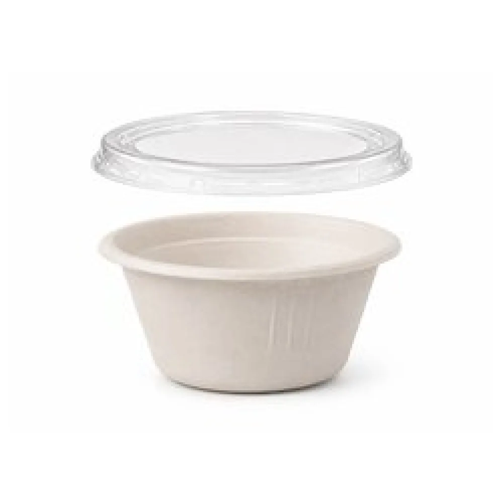 Dressingbecher Dipschale 60ml rund O 62 mm aus Bagasse Zuckerrohr kompostierbar inkl Deckel aus PLA, 50 Stk.
