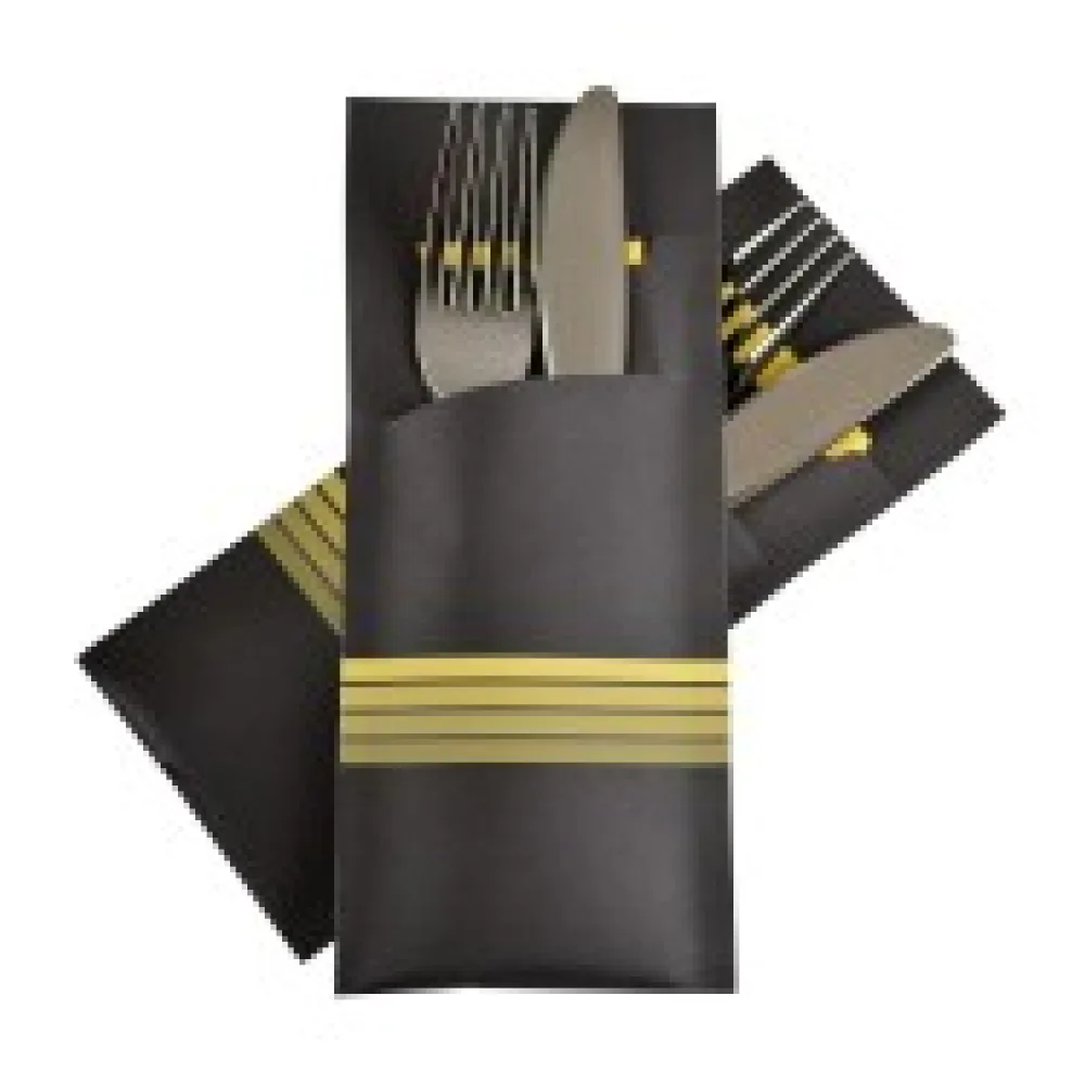 Pochetto Bestecktaschen 200x85mm schwarz gelbe Streifen inkl Serviette, 520 Stk.