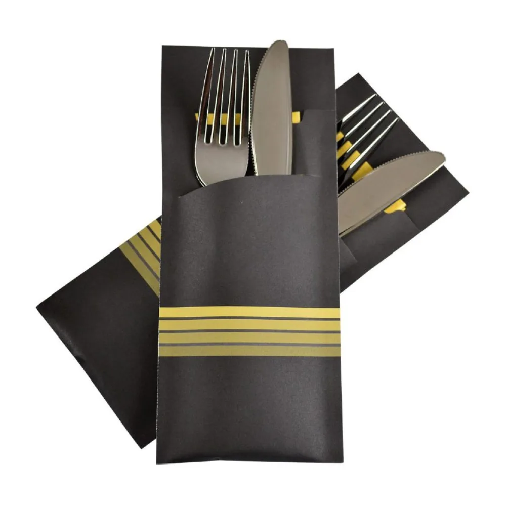 Pochetto Bestecktaschen 200x85mm schwarz gelbe Streifen inkl Serviette, 520 Stk. – Bild 2