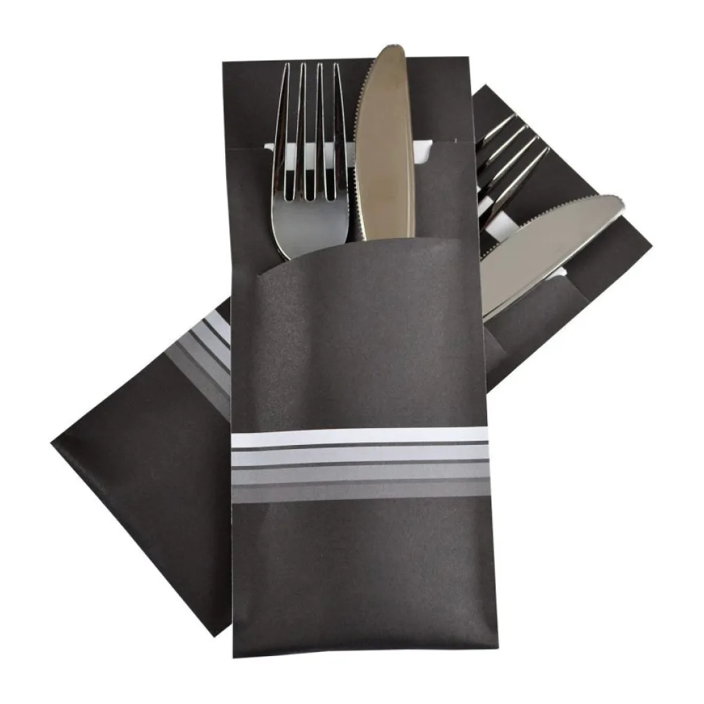 Pochetto Bestecktaschen 200x85mm schwarz weiße Streifen Serviette weiß, 520 Stk. – Bild 2