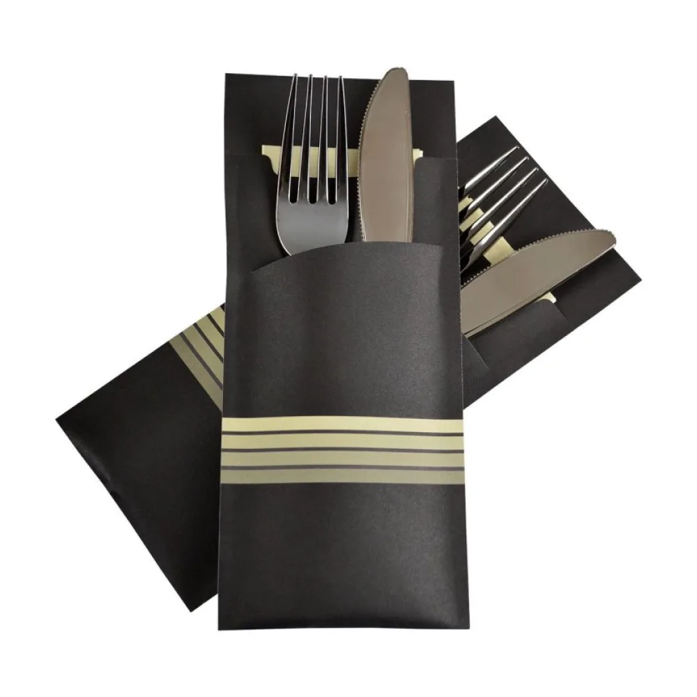 Pochetto Bestecktaschen 200x85mm schwarz champagner Streifen Serviette, 520 Stk. – Bild 2