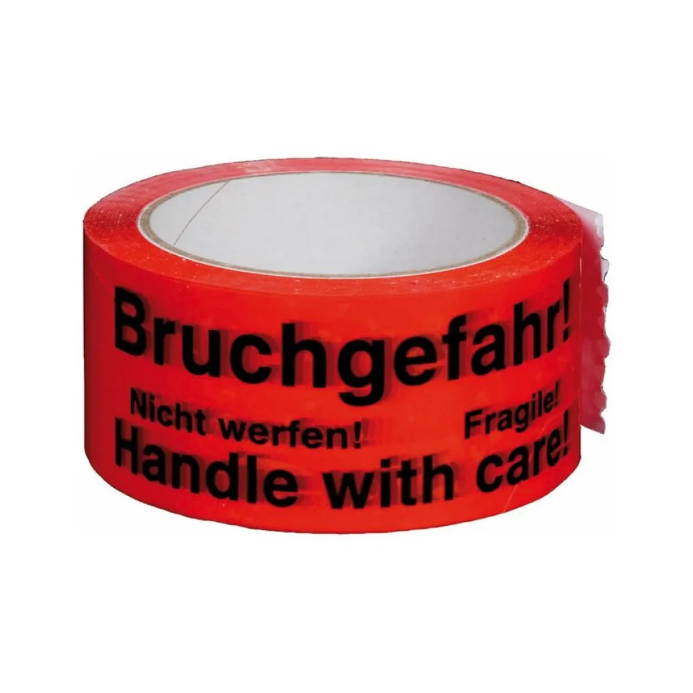 Packband Klebeband, 50mmx66m, rot mit mehrsprachigen Aufdruck BRUCHGEFAHR – Bild 2