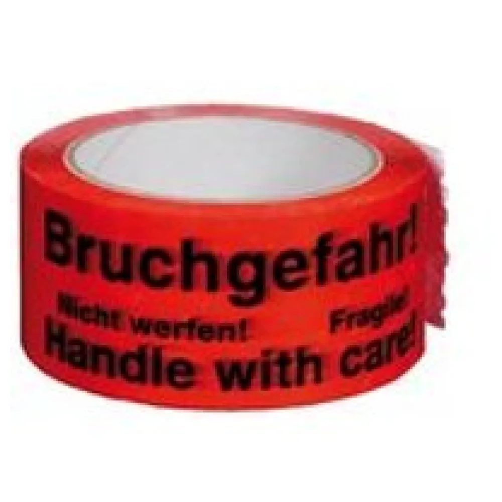 Packband Klebeband, 50mmx66m, rot mit mehrsprachigen Aufdruck BRUCHGEFAHR – Bild 3