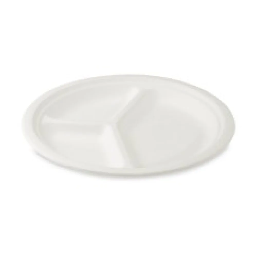 Bio Grillteller Fleischteller rund 3-geteilt aus Zuckerrohr O 26 cm, 50 Stk.