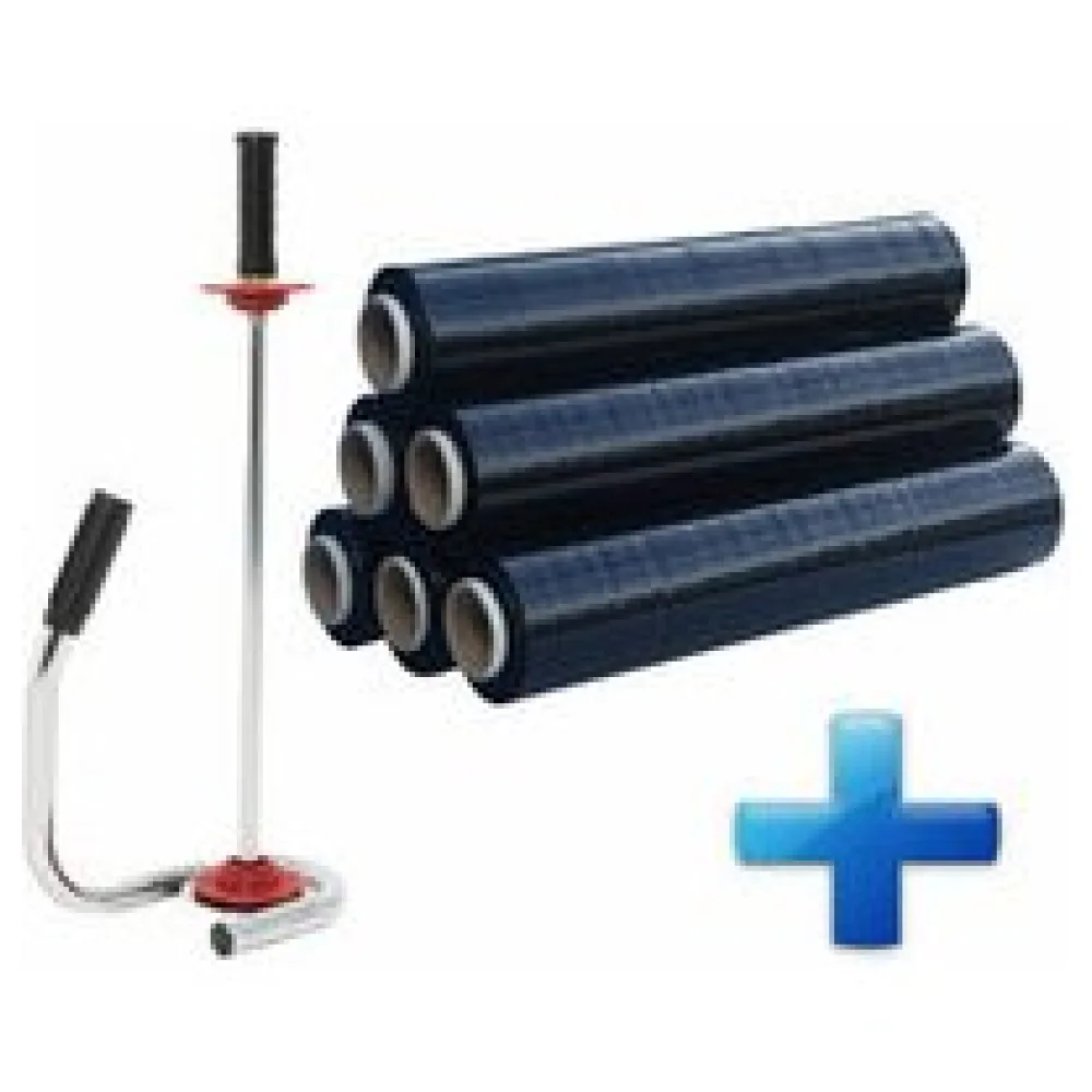 Sparset 6 Rollen Handstretchfolie Handwickelfolie schwarz mit Abroller DE LUXE – Bild 3