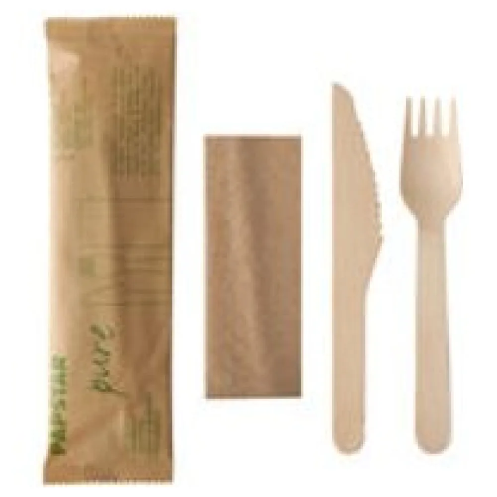 Holzbesteck Set Messer Gabel Serviette natur einzeln verpackt in Papierbeutel, 1 Stk. – Bild 3