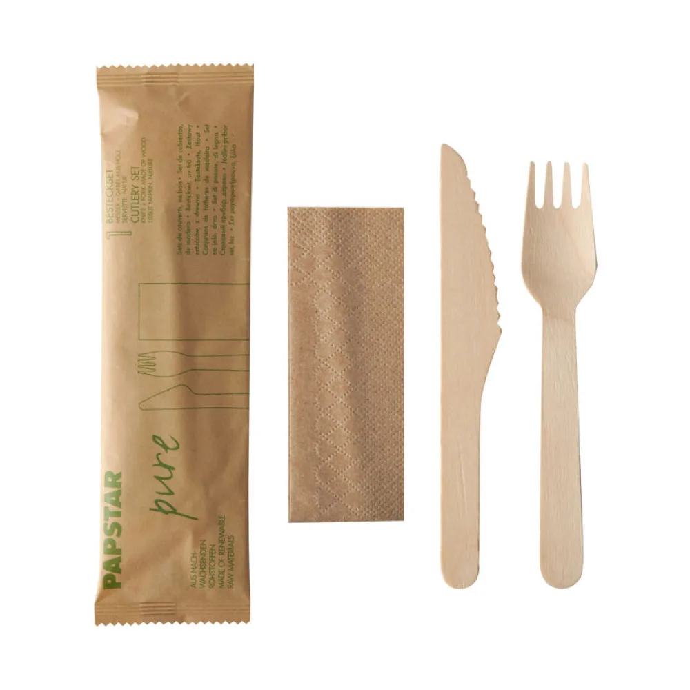 Holzbesteck Set Messer Gabel Serviette natur einzeln verpackt in Papierbeutel, 1 Stk. – Bild 2