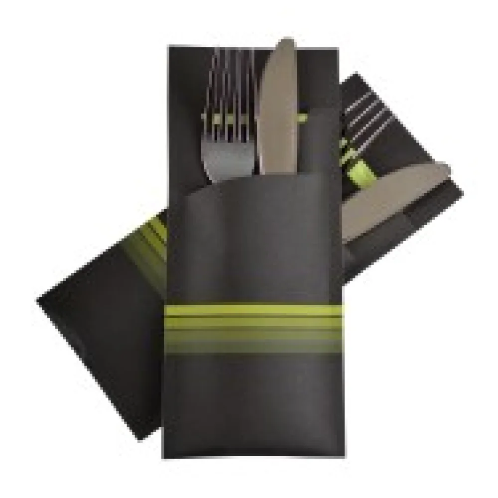 Pochetto Bestecktaschen 200x85mm schwarz limette Streifen Serviette, 50 Stk.