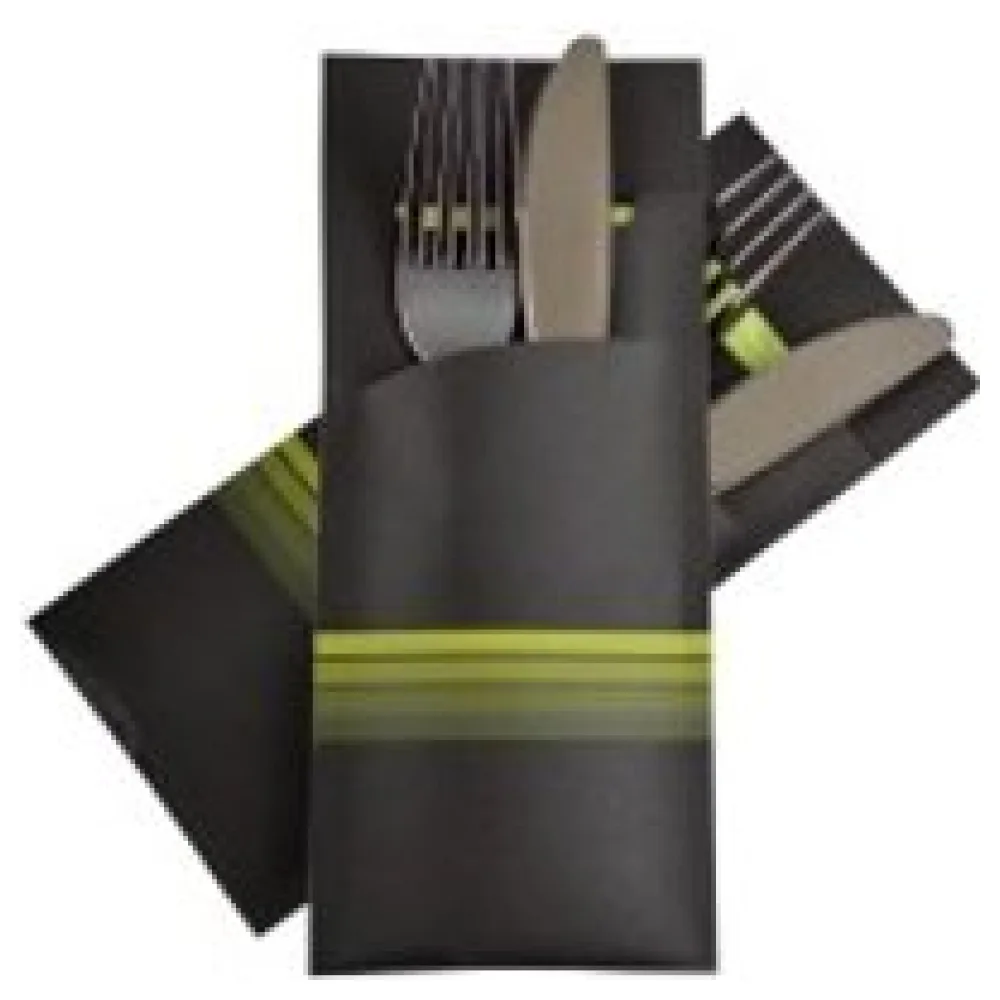 Pochetto Bestecktaschen 200x85mm schwarz limette Streifen Serviette, 50 Stk. – Bild 3