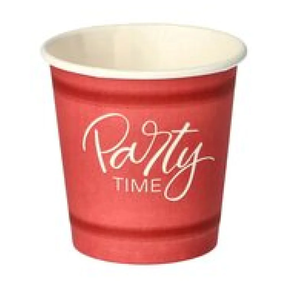 Pappbecher 5 cl rot 'Party Time' mit Biokunststoff PLA beschichtet, 50 Stk.
