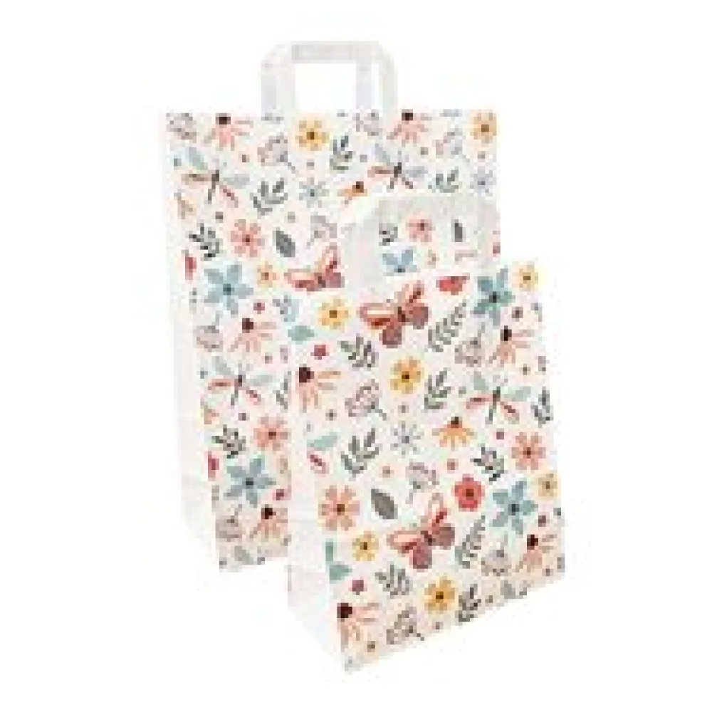 Papiertragetaschen aus Kraftpapier 220+100x280mm mit Schmetterling Motiv weiß, 250 Stk