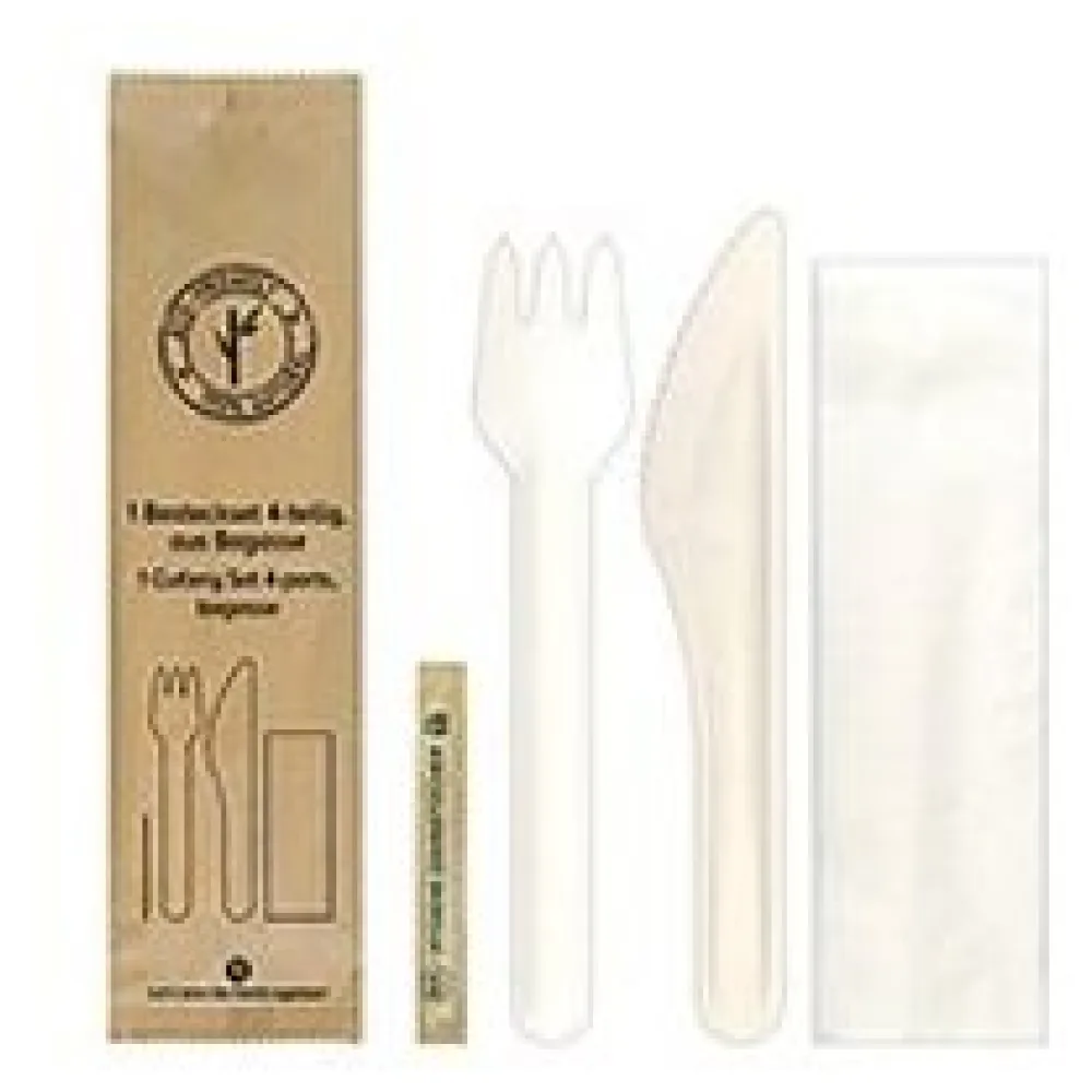 Bestecksets 4-teilig, aus Bagasse, naturweiß, 22cm, 25 Stk. – Bild 3