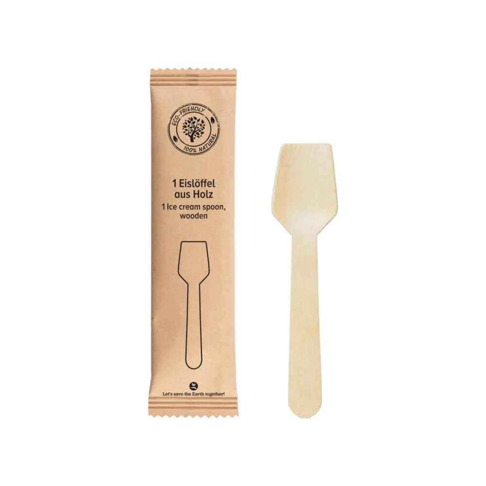Eislöffel aus Holz, in Papier gehüllt, 9.5cm, 50 Stk. – Bild 2
